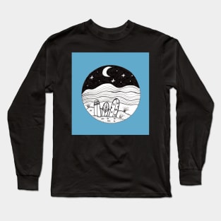 Surfboards at Night Ink Illustration with blue background Long Sleeve T-Shirt